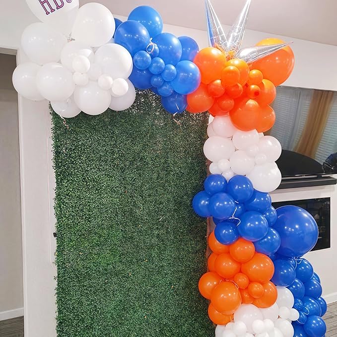 Blue and Orange Balloons Arch Kit, 121PCS Dark Blue and Orange White Balloons with Spikes Explosion Star Foil Balloon for Birthday Graduation Baby Shower Sport Basketball Party Decorations Supplies