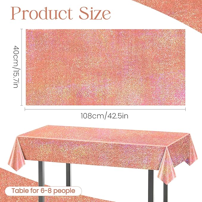 1 pcs Rose Gold Holographic Table Cloth 40" x 108" Shiny Bachelorette Party Decorations Plastic Laser Sparkly Tablecloth Glitter Table Decor for Wedding Anniversary Event Birthday Party Supplies