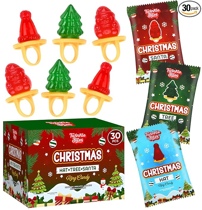 30 Pack Christmas Ring Candy – Individually Wrapped Holiday Themed Santa, Tree, Hat Lollipops – Strawberry, Green Apple, Tutti Frutti Delicious Flavors – Bulk Christmas Suckers Great Use, For Stocking Stuffers Kids Party Favor, Classrooms Partys, Goodi...