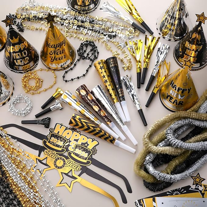 Gueevin 422 Pcs New Year's Eve Party Supplies Kit 2026 for 120 Guests, Including Happy New Year Banner & Backdrop, 60 Blowouts, 60 Squawkers, 60 Horns, 60 Hats, 60 Glasses, 60 Necklaces, 60 Leis