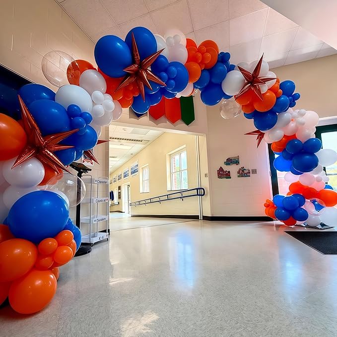 Blue and Orange Balloons Arch Kit, 121PCS Dark Blue and Orange White Balloons with Spikes Explosion Star Foil Balloon for Birthday Graduation Baby Shower Sport Basketball Party Decorations Supplies
