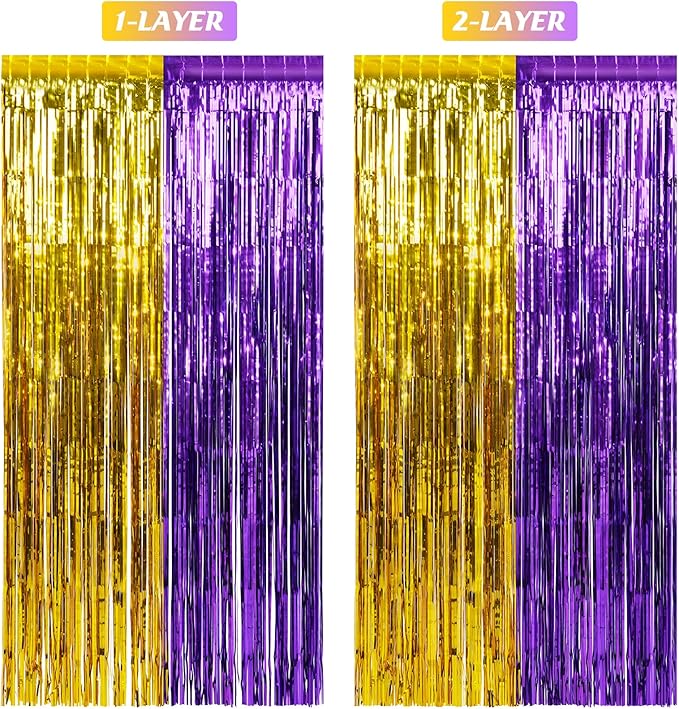 6Pack 3.3Ft x 6.6Ft Graduation Foil Fringe Curtain Backdrop Decorations, Purple Gold Metallic Tinsel Foil Streamers Curtain Photo Booth Background for Graduation Prom Wedding Birthday Party Decoration