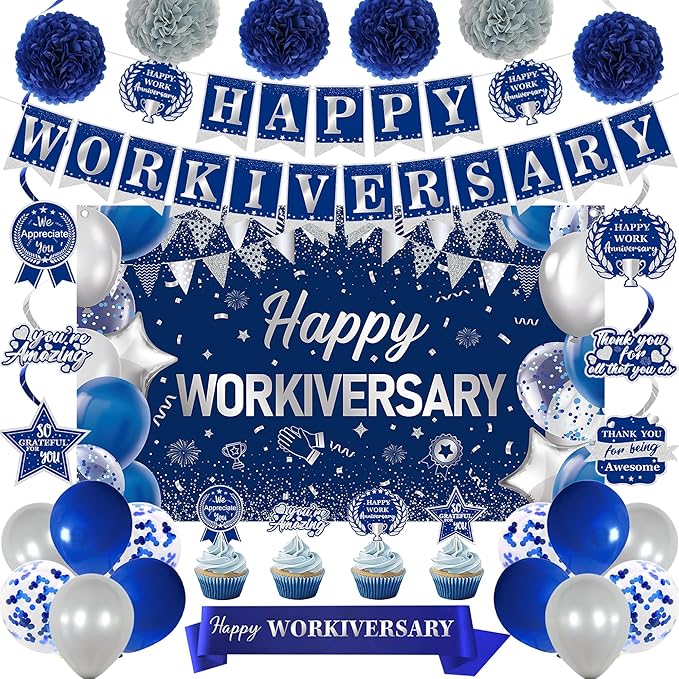 DARUNAXY Happy Workiversary Party Decorations for Men Women, Blue Silver Happy Work Anniversary Banner Cake Topper Hanging Swirl Confetti Balloons Decor Set for Employee Office Party Supplies(31PC)