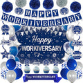 DARUNAXY Happy Workiversary Party Decorations for Men Women, Blue Silver Happy Work Anniversary Banner Cake Topper Hanging Swirl Confetti Balloons Decor Set for Employee Office Party Supplies(31PC)