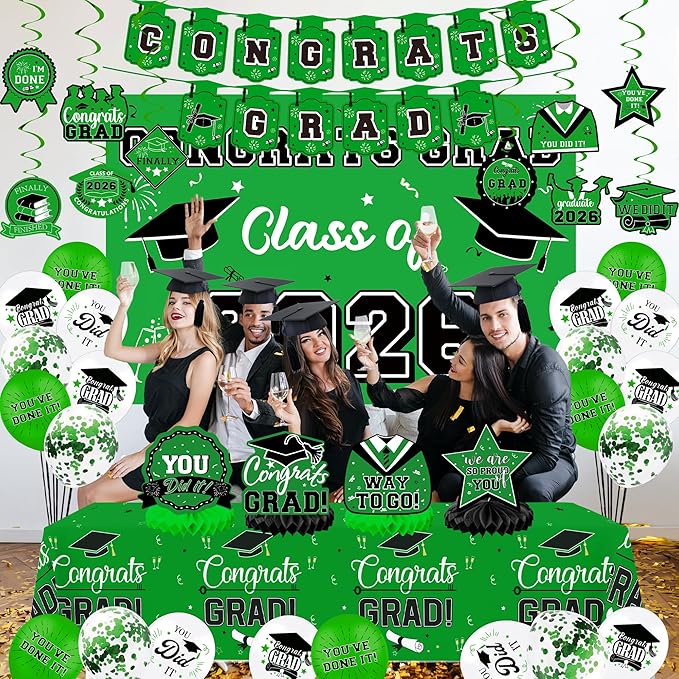 Graduation Decorations 2026, Class of 2026 Backdrop, Banner, 2026 Foil Balloons, Tablecloth, Hanging Swirls, Honeycomb Centerpieces, Party Supplies Decorations Set for College (GREEN)