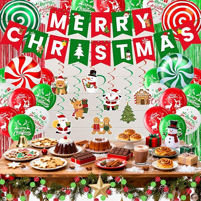 Christmas Party Supplies Decorations Set, Merry Christmas Banner, Foil Balloons, Hanging Swirls, Red and Green Metallic Fringe Curtains, Circle Dots Garland