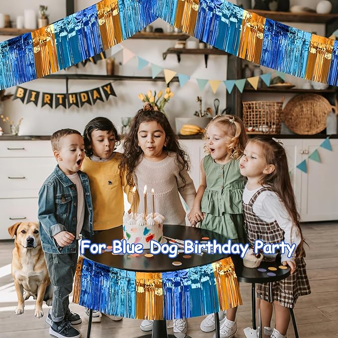 4 Packs Total 39 Ft Parade Floats for Trailer Car, Orange Blue Foil Fringe Garland Tinsel Blue Dog Themed Streamers Hanging Banner Table Skirts for Graduation Homecoming Birthday Dog Themed Party