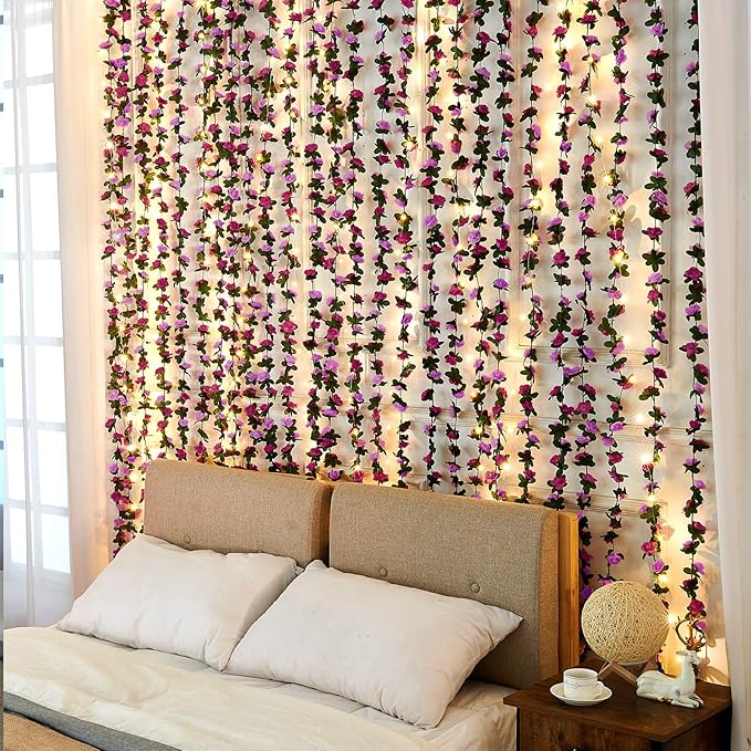 MARTINE MALL Flower Garland Rose Vines, 5 Strands 41Ft Flowers Vines for Bedroom with 33 Ft/100 LED String Lights, Rose Flower Garland Decoration, Rose Floral Garland for Room Table Wedding Decor