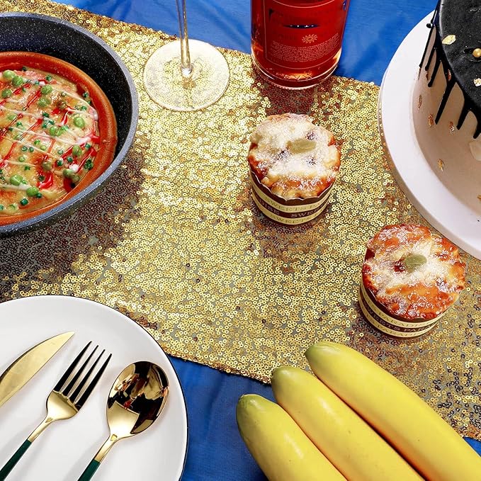 Irenare Tablecloth and Sequin Table Runner Set Polka Dots Confetti Table Cover Dining Plastic Tablecloths Glitter Decorations for Birthday Wedding Anniversary Party Supplies(Blue, Gold,2 Pcs)