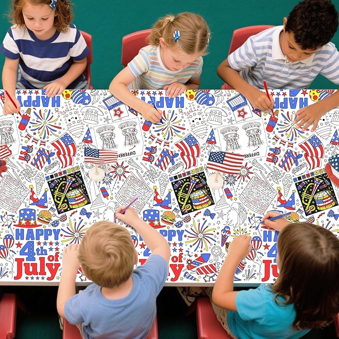 Gatherfun 4th of July Patriotic Party Supplies Color-in Disposable Paper Tablecloth | 54x88 in Independence Day Party Decorations Set for American Flag-Themed, School & Special Events
