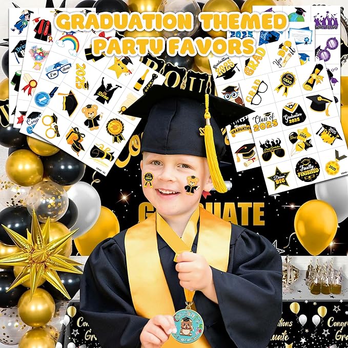 96 PCS Happy Graduation Grad Congrats Pre-Cut Temporary Tattoos for Kids | Super Cute Themed Birthday Party Favors, Supplies, Decorations, Fake Tattoo Stickers (Multiple)