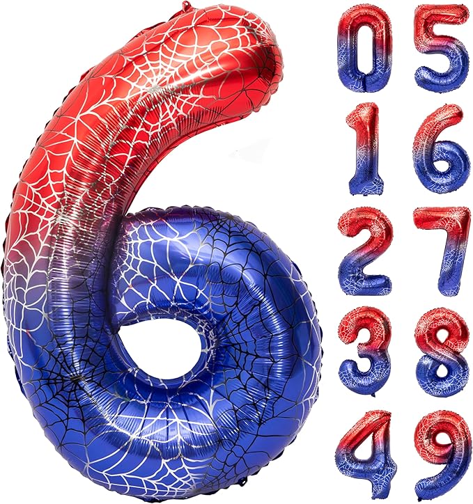 40 Inch Spider Theme Large Number 6 Balloon Giant Foil Birthday Balloon For Children's Birthday Party Decorations Spider Party Boy or Girl 6 Th Birthday