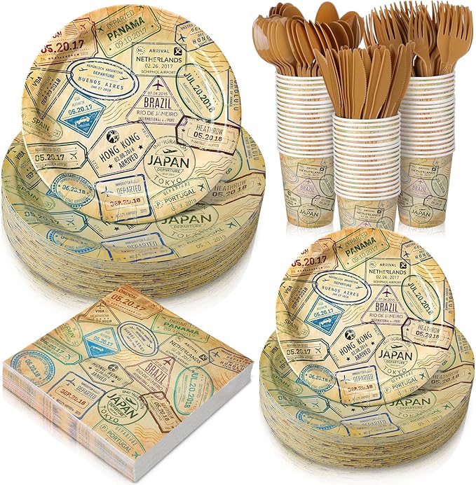 Yungyan 252 Pcs Travel Plates and Napkins Set Around the World Themed Party Supplies Disposable Voyage Travel Paper Napkins Plates Cups Airplane Adventure Retirement Party Decorations Serves 36 Guests