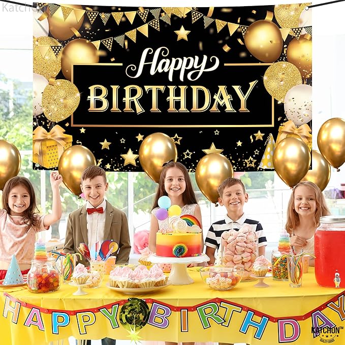 KatchOn, Happy Birthday Banner Black and Gold - Large 72x44 Inch | Happy Birthday Decorations for Men and Women | Black and Gold Birthday Backdrop | Birthday Party Decorations for Men & Women
