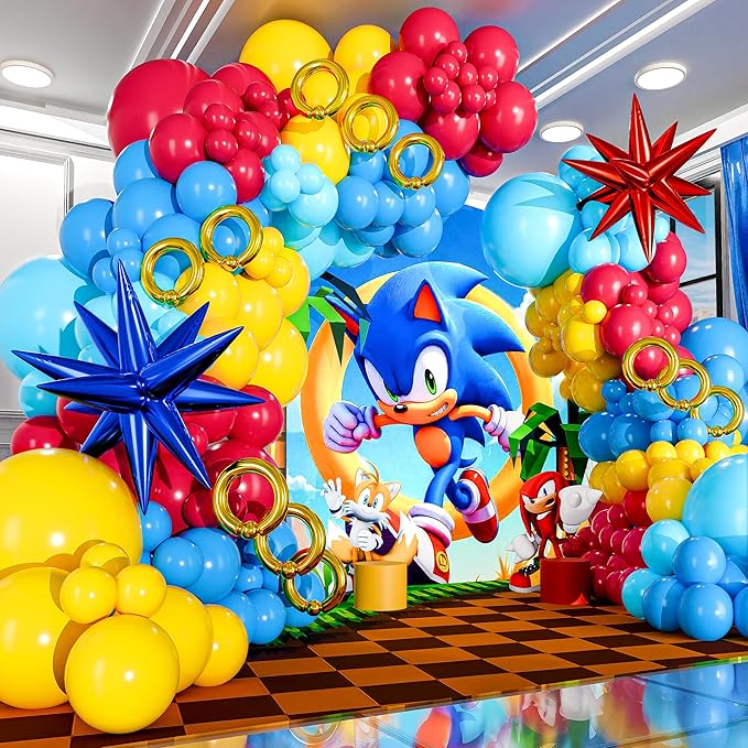 ALL-IN-1 Hedgehog Balloon Arch Kit with BONUS Rings & Starburst Balloons - Red Blue Yellow Balloons Garland for Cartoon Hedgehog Birthday Party Decorations & Party Supplies - Somic Party Decorations S