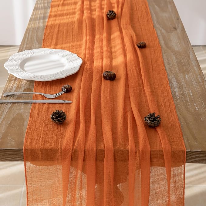 Keketoarrange 3pcs Orange Gauze Rustic Cheesecloth Table Runner 120 Inch 10 FT for Wedding Baby Shower Bridal Shower Birthday Engagement Garden Outdoor Party Long Sheer Boho Decorations