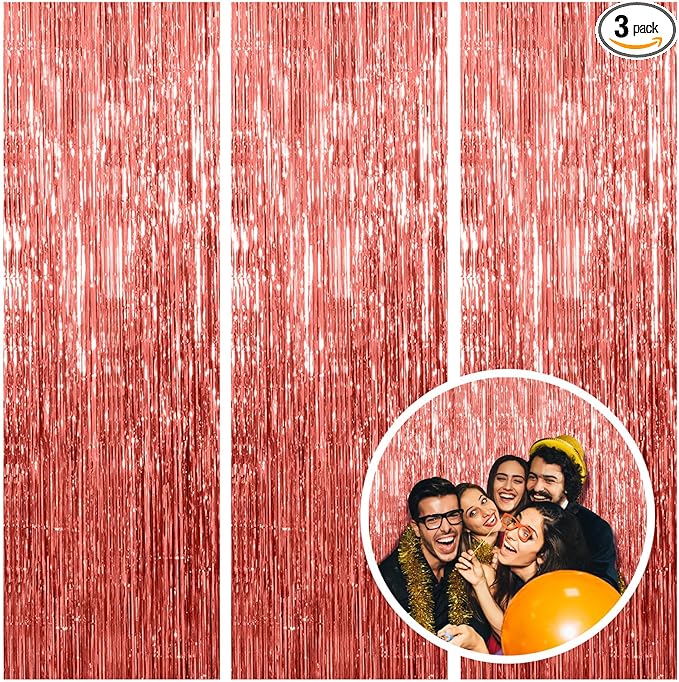 Rose Gold Party Decor 3 Pack - Bachelorette & Birthday Backdrop - Foil Fringe Tinsel Streamers - Christmas, Graduation & Baby Shower Party Decorations