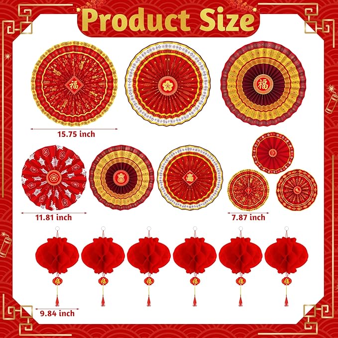 26 PCS Lunar New Year Decorations, Chinese New Year Paper Fans Set, Red and Gold Party Decorations with Paper Fans, Red Lanterns, Banner and Garland, Lunar New Year Decor for Home Office Yard