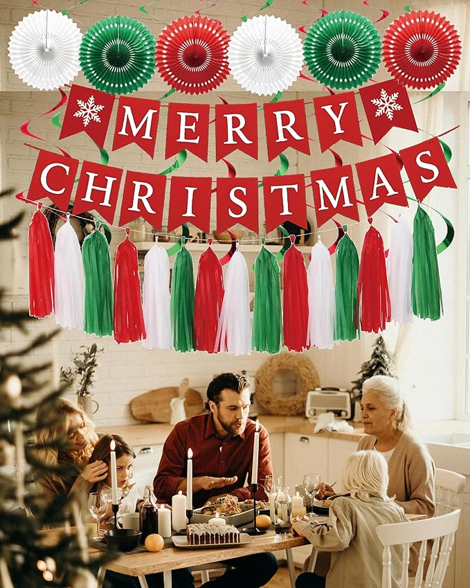 Christmas Party Decorations Set – Merry Christmas Banner, Red Green White Tassel Garland, Paper Fans & Hanging Swirl Ornaments with Xmas Cutouts – Holiday Christmas Decorations for Home, Office, School