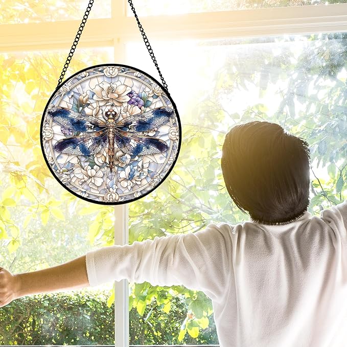Stained Glass Window Hanging, Dragonfly Flower Suncatcher for Doors Home Sun Catchers Decoration and Christmas, Mother's Day Birthday Gifts for Women, Men, and Mom 11.8x11.8 in