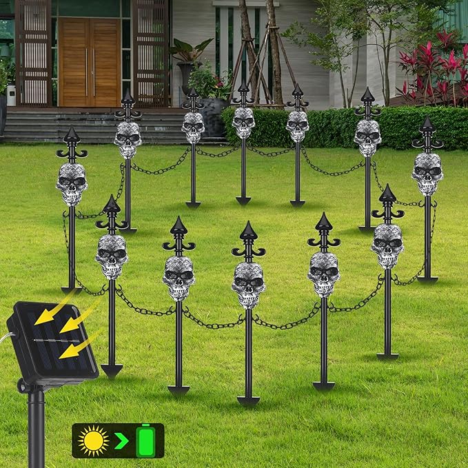 13 Set of Halloween Skull Garden Fence with Solar Light Graveyard Decor Light up Halloween Skull Lawn Stakes Pathway Decor with Connecting Chain for Outdoor Holiday Yard Decoration