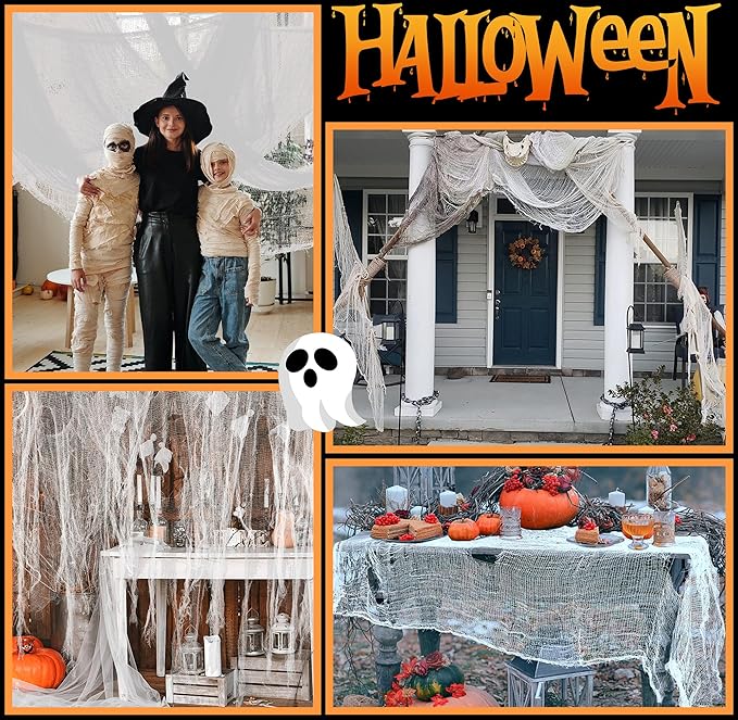 Watayo 300 x 80 Inch Halloween Creepy Cloth, White Large Size Halloween Scary Spooky Cloth, Windows Doorways Cover Gauze for Holiday Party Haunted House Decorations