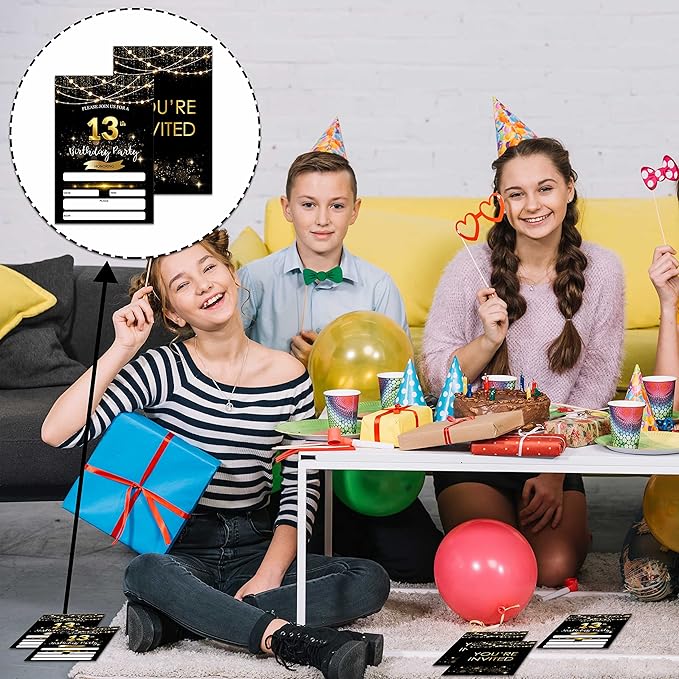 13th Birthday Invitations with Envelopes - Black Gold Glitter Fill-in Invites Cards - Surprise Birthday Party Invitation Card for Girls/Boys - Kids Birthday Party Favors Supplies Decorations (20 Pack)