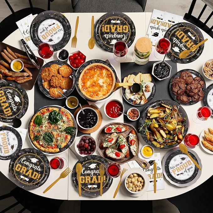 Graduation Party Supplies Congrats Grad Plates and Napkins Set Serve 50, Disposable Tableware Paper Plates Napkins Cup Knive Spoon Fork Straw for Class of 2026 Graduation Party Decorations Black Gold