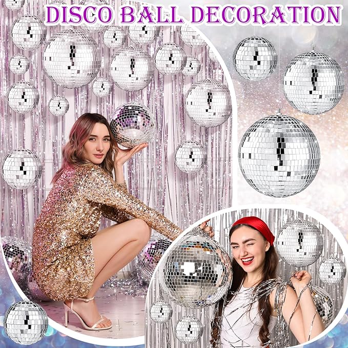 MTLEE 20 Pcs Disco Balls Decorations Assorted Size Party Decor Disco Ball Ornaments Mirror Mini Large Hanging with Rope for Wedding Festival Stage Prop(8,6,4 Inch)