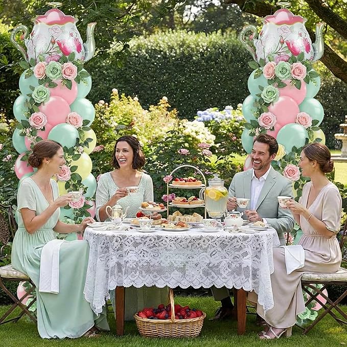 Kasyat 2 Set Tea Party Decorations Balloon Column with Adjustable Balloon Stand Kit, Teapot Balloons for Spring Bridal Shower Wedding Birthday Garden Party, Pastel Macaron Arch Supplies