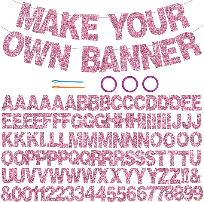 BEISHIDA 116 PCS A-Z DIY Letter Banner Kit Make Your Own Banner Glitter Pink Including 111 Letters and Numbers 3 Rope and 2 Threading Device,Customized for Birthday Graduation Wedding Party Decor