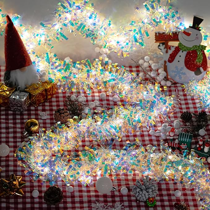 Christmas Garland with Lights, 2 Pack 16.4FT Iridescent Tinsel Garlands Battery Operated & USB, Shiny Foil Garland Indoor Hanging Home Decor, Garland for Birthday Holiday New Years Eve Party Supplies