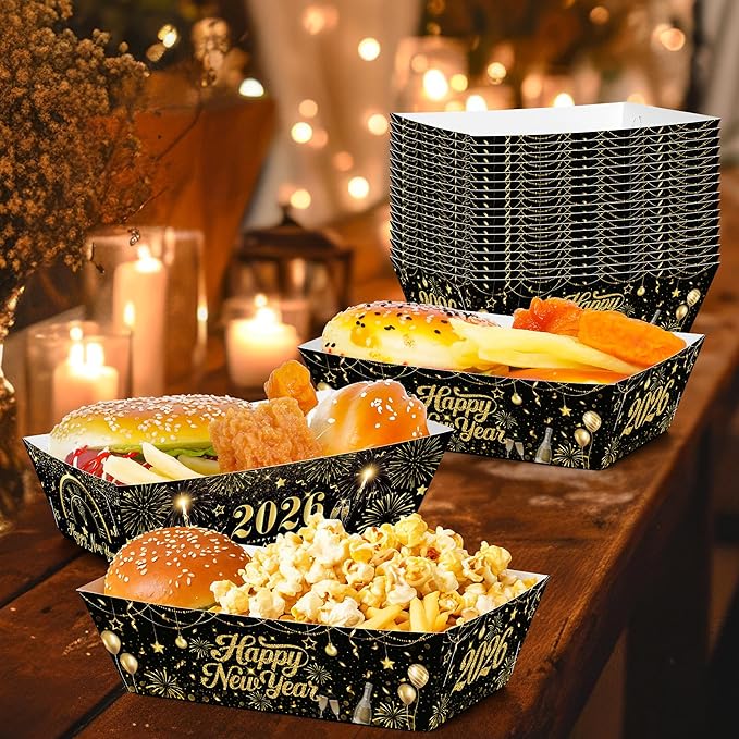 50Pcs New Year Eve Food Trays, 5.94" x 3.34" x 2.16" NYE Party Supplies 2026 Food Boats, Black Gold Serving Trays for Hot Dog Popcorn Taco, Disposable Snack Boats for New Year Decorations