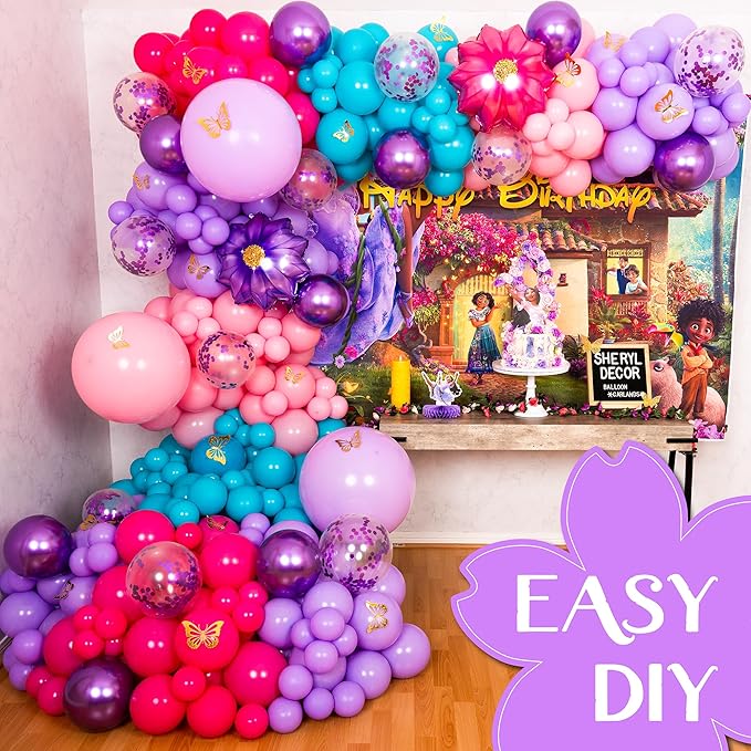 ALL-IN-1 Purple Blue Pink Balloon Arch Kit with BONUS Flower – Different Sizes Teal, Pink, Purple & Confetti balloons for Kid Magic Baby Shower Birthday Engagement Party Decorations & Party Supplies