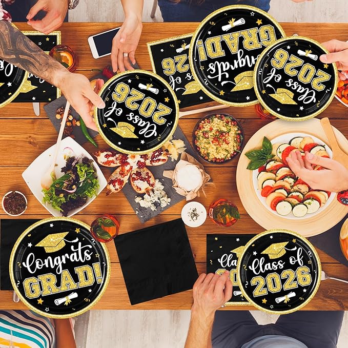 Black and Gold Graduation Decorations,200pcs Black and Gold Graduation Paper Plates and Napkins,Class of 2026 Plates for Grad Party Decorations,Serve 50