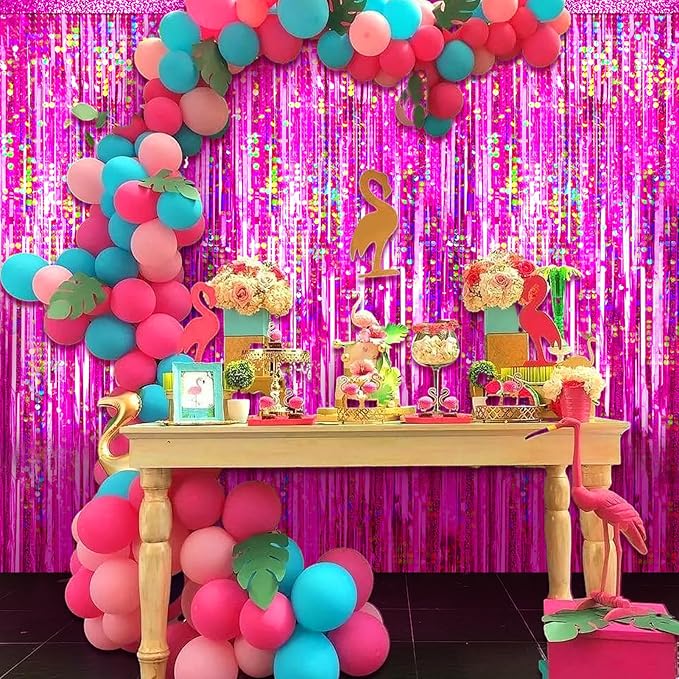 4 Packs Hot Pink Foil Fringe Curtain, Pink Glitter Metallic Tinsel Backdrop for Birthday, Wedding, Baby Shower, Bachelorette Cowgirl Princess Party Decorations Supplies