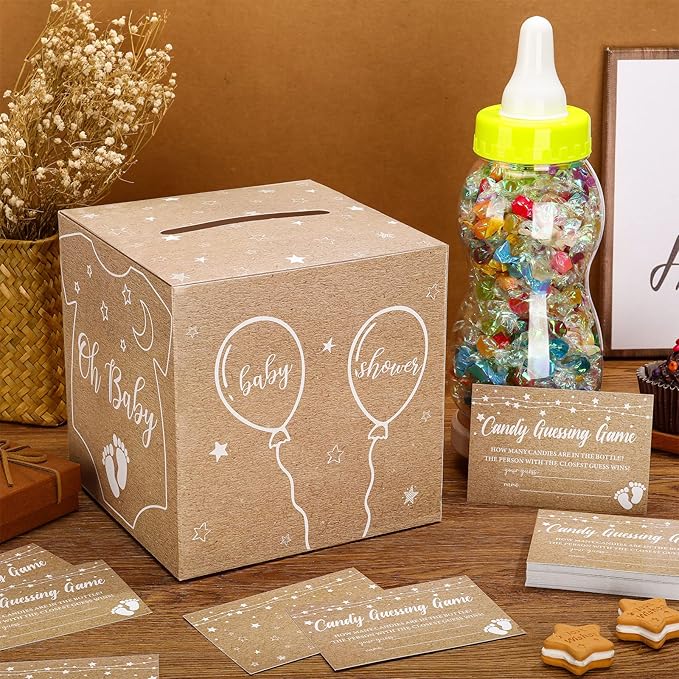 Glenmal 52 Pcs Baby Shower Games Gift Sets Large Baby Bottle for Shower Game Guess How Many Candies Decorations for Gender Reveal(Kraft)