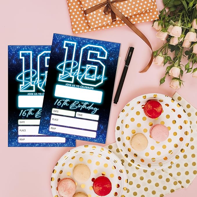 SIXEIGHT Blue 16th Birthday Invitations for Boys, Neon Glow Party Invitations for Girls Kids, 20 Pack Double Sided Invite Cards with Envelopes, 16th Glow Neon Birthday Party Decorations, 4x6 Inch-C49