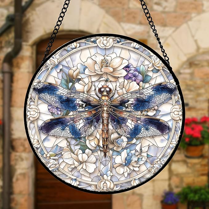 Stained Glass Window Hanging, Dragonfly Flower Suncatcher for Doors Home Sun Catchers Decoration and Christmas, Mother's Day Birthday Gifts for Women, Men, and Mom 11.8x11.8 in