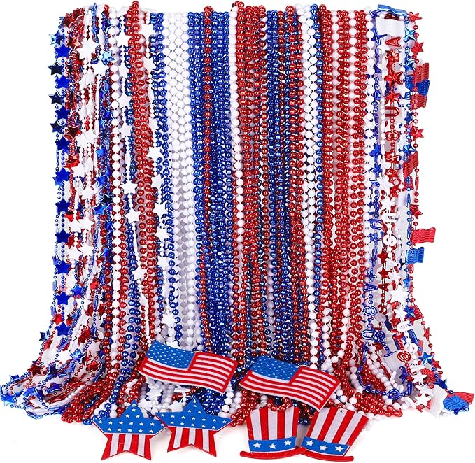 72PCS 4th of July Accessories, Independence Day Bead Necklaces, USA Hat Flags Pendant Patriotic Fourth of July Red Blue White Necklace, Metallic Necklace for Flag Day Parades Party Favors Decorations