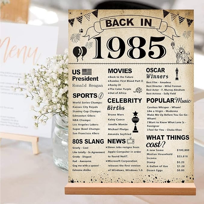 DARUNAXY 41st Birthday Party Decorations, Vintage Back in 1985 Poster Acrylic Sign with Stand 41 Year Old Party Supplies for Men& Women Vintage 1985 Table Decor 41st Anniversary Class Reunion Gifts