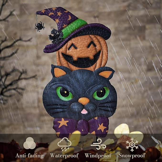 TERESA'S COLLECTIONS Metal Halloween Yard Stakes, Halloween Decorations Outdoor with Cute Black Cat Pumpkin, Jack-o-Lantern Stacked Garden Stakes Lawn Gift for Party Pathway Porch Patio Decor, 25“