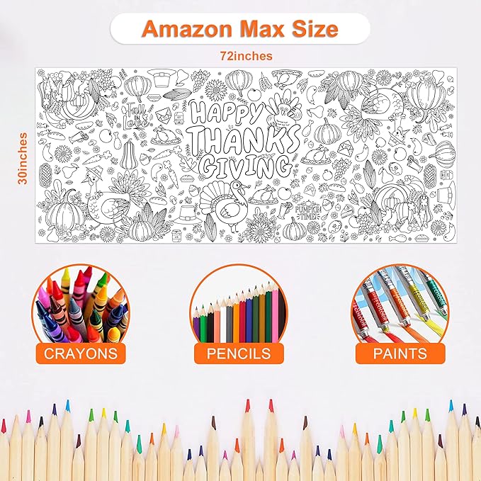 OHOME Thanksgiving Giant Coloring Poster/Tablecloth-Thanksgiving Crafts for Kids-30 x 72 Inches Jumbo Paper Coloring Banner Games Activities Essentials for Kids Gifts - Thanks Giving Decorations Decor