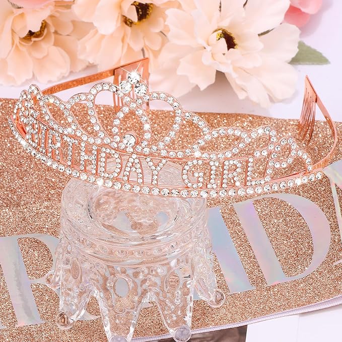 Chanaco Birthday Sash and Crown for Women, Birthday Tiara for Girls, Rhinestone Hair Accessories Party Decorations