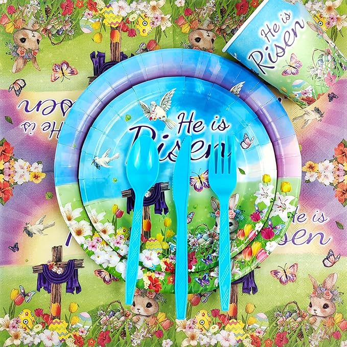 Easter He is Risen Party Tableware Set for 24 Guests Including Dinner Dessert Plates, Lunch Napkins, Cups, Knife, Fork and Spoon for Easter Party Celebration Supplies Decorations