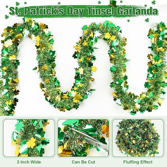 50FT St Patrick's Day Tinsel Garland, Green Gold Shamrock Clover Garland, Shiny Metallic Hanging Shamrock Streamer St Patricks Day Decorations Irish Decor