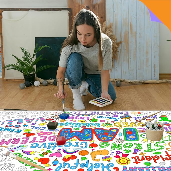 Jumbo Size Coloring Poster, Large Positive Affirmation Coloring Paper, Motivational DIY Painting Drawing Paper Banner/Tablecloth for Kids, Classroom, School, Party Supplies, Wall Decor (75” x 31”)