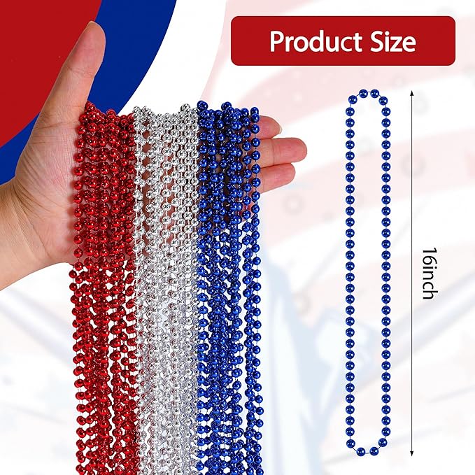 HOOSUN 4th of July Beads Necklaces,30 Pcs Patriotic Beads Necklaces Fourth of July Decorations Party Favors,Red Silver and Blue Accessories Beads for Memorial Day Decorations,Party Decor Supplies