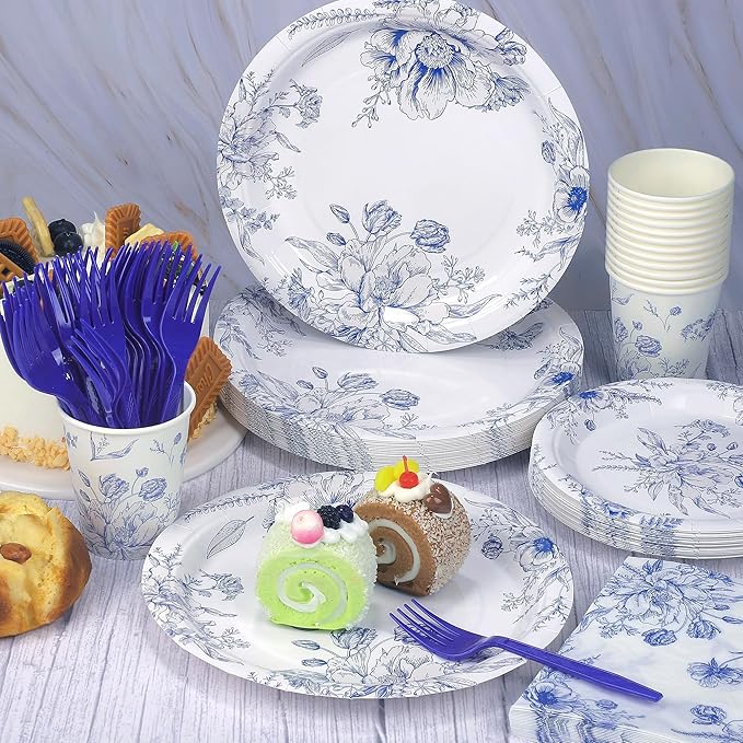 Kochorie 144 Pieces Blue and White Flower Print Party Tableware Sets Including Disposable Plates Napkins Cups Forks Serves 24 for Wedding Birthday Baby Shower Party Supplies