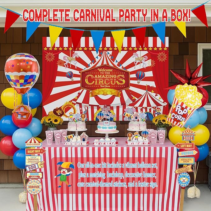 Circus Theme birthday party decorations & include red blue yellow balloon garland & foil hot air popcorn balloons & banner carnival road sign paper card background decor